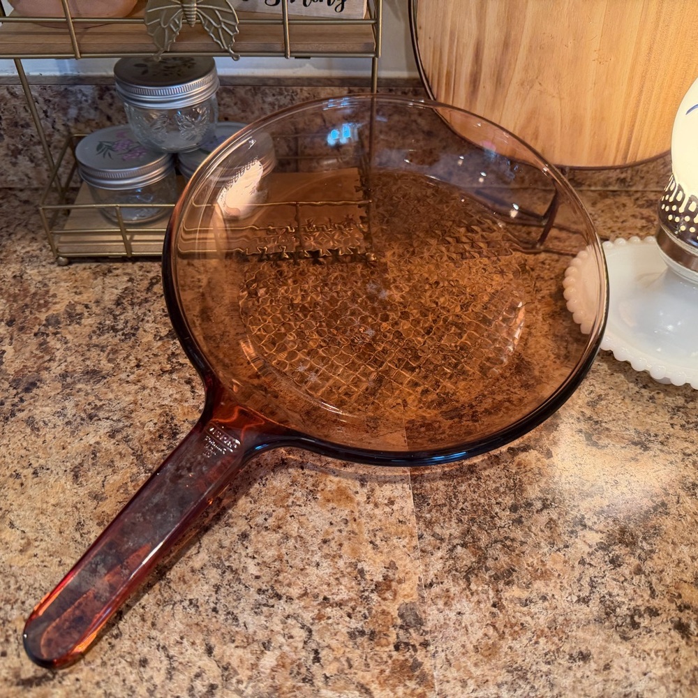 Vintage Corning Visions 7” Amber Glass Skillet with Waffle bottom